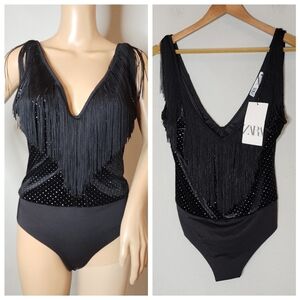 NWT Zara Black Velvet Rhinestone Fringe Sleeveless Bodysuit Size medium